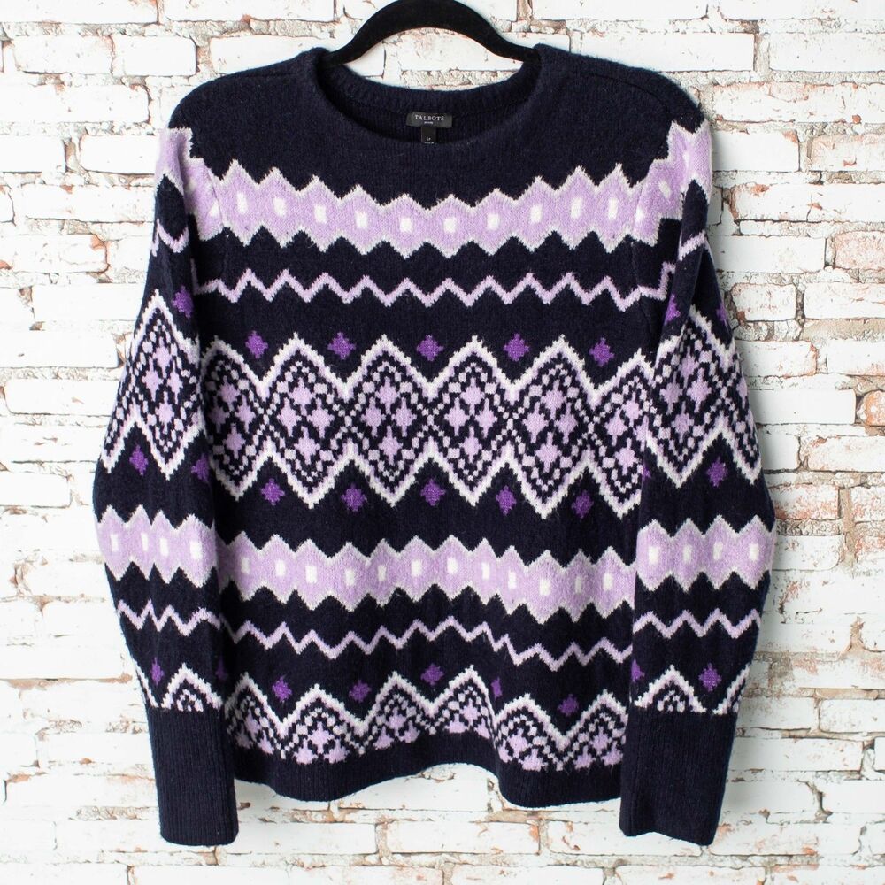 Talbots Petite LP Diamond Fair Isle Sweater Purple Crewneck Long Sleeve